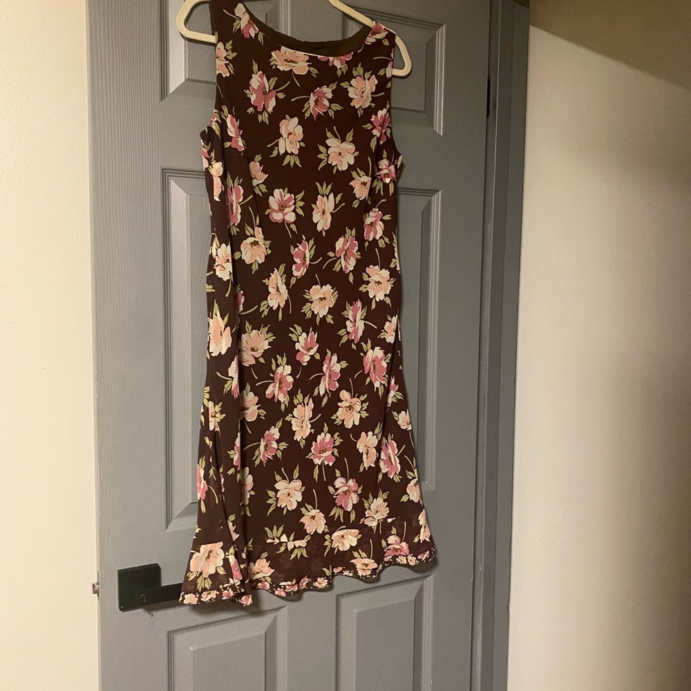 Ann Taylor LOFT 14P Floral Cottagecore Church Spring Dress in Brown and Pink